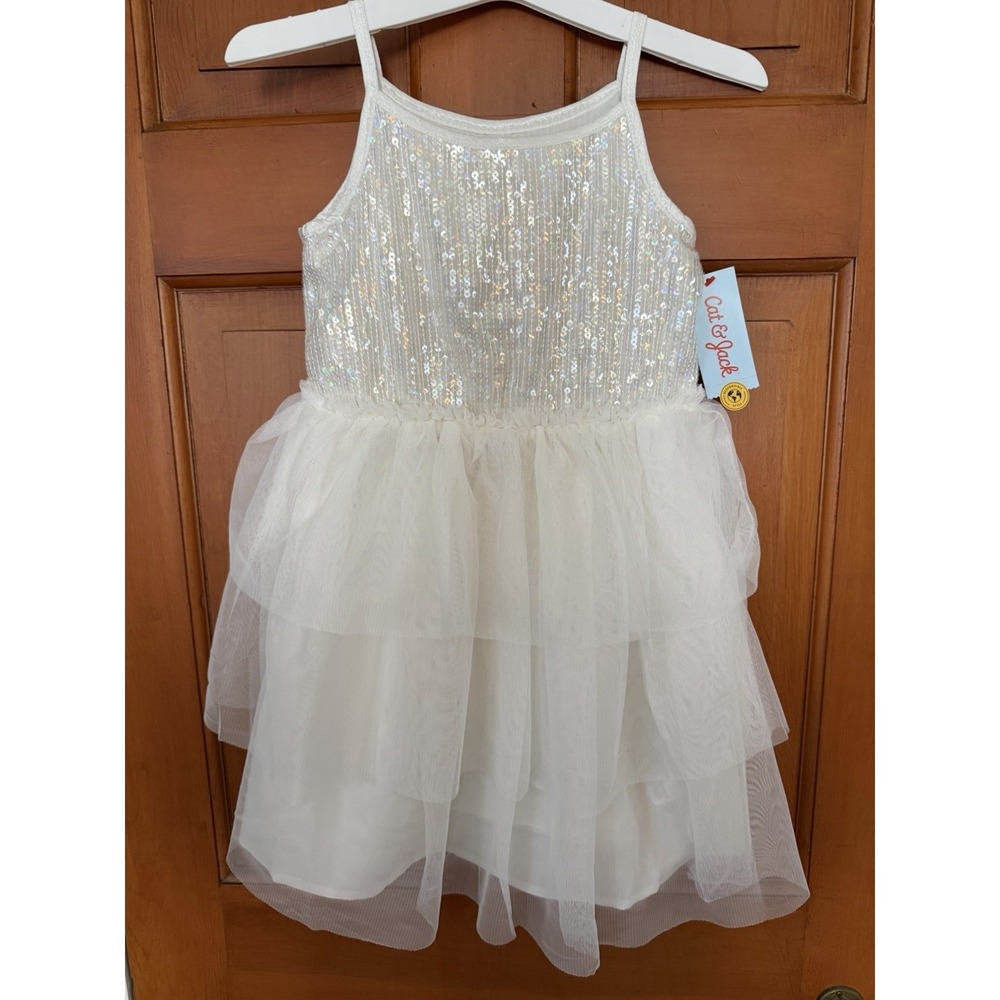 Girls' Cat & Jack White Sleeveless Tiered Tulle Sequin Dress Size Small (6/7)